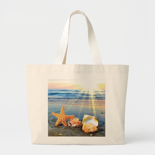 Bolsa Tote Grande Conchas marítimas e estrelas-do-mar na praia (Frente)