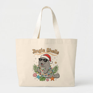 Bolsa Tote Grande Conchas Tilintantes Natal Tropical Peixe-boi Papai