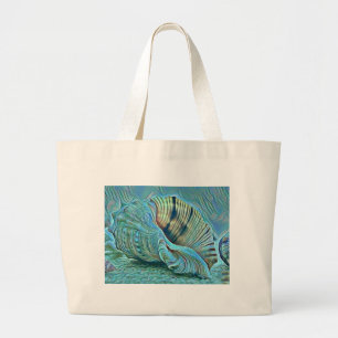 Bolsa Tote Grande Conchas verdes azuis na pintura de praia