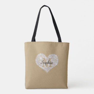 Bolsa Tote Grande Coração de Diamante, Monograma de Ouro, Nom