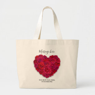 Bolsa Tote Grande Coração Floral Romântico Rosa Vermelha com Texto P