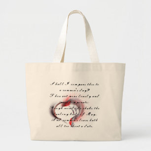 Bolsa Tote Grande Coração Metálico com o soneto de Shakespeare 18