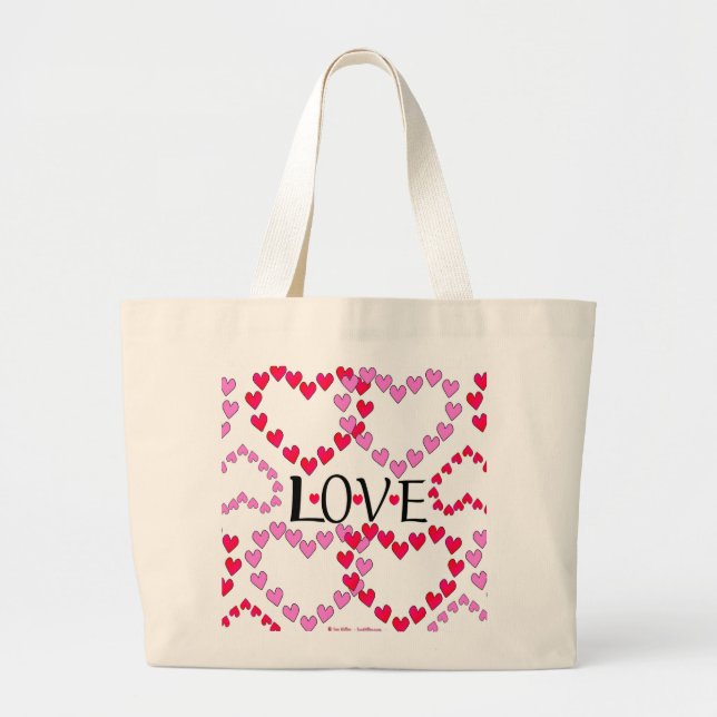 Bolsa Tote Grande Corações Pequenos, Vermelho Rosa, AMOR (Frente)