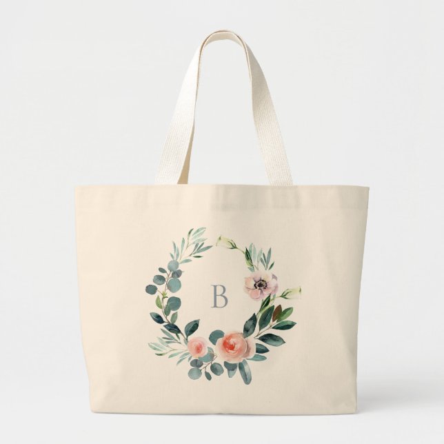 Bolsa Tote Grande Coroa Floral de Jardim Elegante com Monograma (Frente)