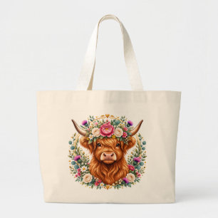 Bolsa Tote Grande Coroa Floral de Vaca das Terras Altas Botânica Esc