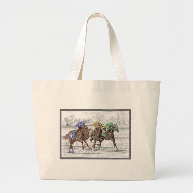 Bolsa Tote Grande Corrida de Três Cavalos - Pescoço e Pescoço (Frente)