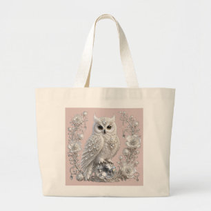 Bolsa Tote Grande Coruja de Cristal Pérola   Moldura Floral Prata