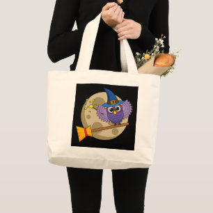 Bolsa Tote Grande Coruja do Cartoon voando na vassoura
