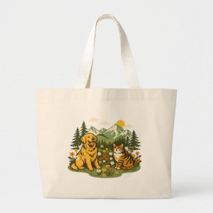 Bolsa Tote Grande Cottagecore Cachorro e Gato Melhores Amigos Flor S