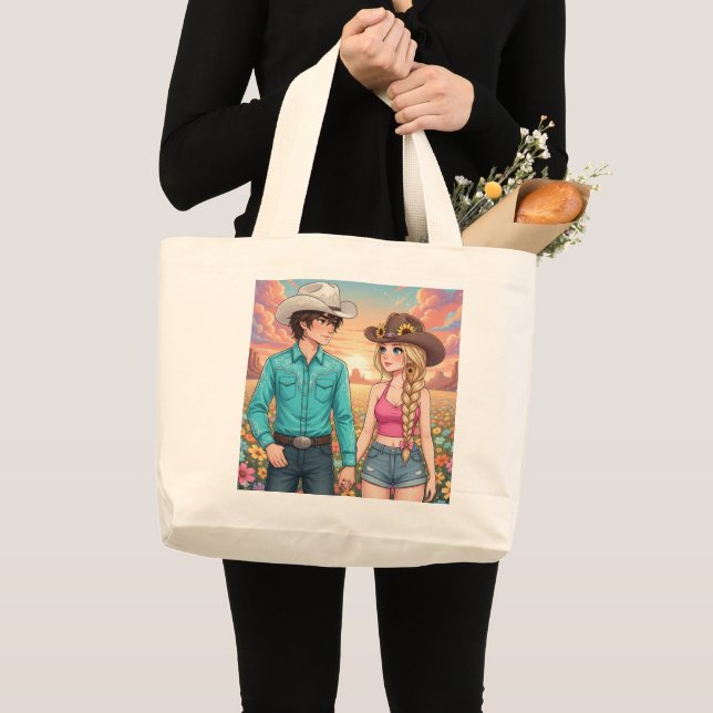 Bolsa Tote Grande cowboy and cowgirl anime style (Frente (produto))