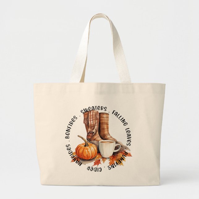 Bolsa Tote Grande Cozy Fall Vibes - Boots, Pumpkin Spice, Bonfire (Frente)