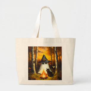 Bolsa Tote Grande Cozy Halloween Ghost & Black Cat Campfire