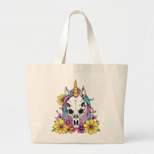 Bolsa Tote Grande Crânio de Unicórnio Flores Pastel Goth Soft Grunge