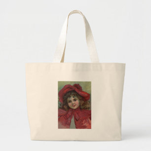 Bolsa Tote Grande Criança do natal vintage com o vestido vermelho d