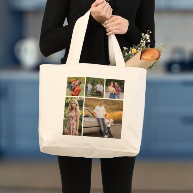 Bolsa Tote Grande Crie sua própria colagem de fotos (5 Photo Collage Large Tote Bag)