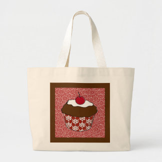 Bolsa Tote Grande Cupcake de chocolate em padrão vermelho e branco