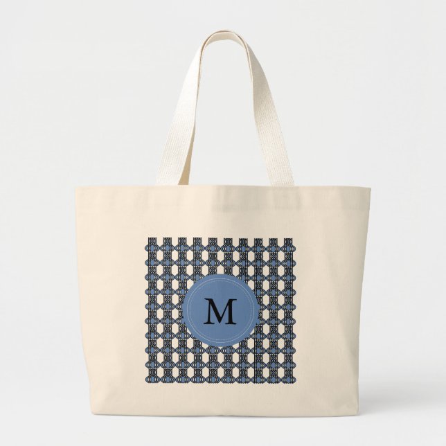 Bolsa Tote Grande Custom Blue Abstract Scarab Pattern Monogram (Frente)