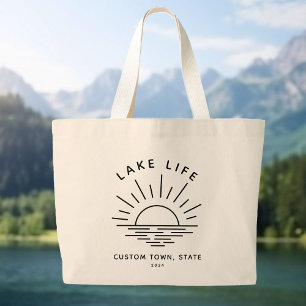 Bolsa Tote Grande Custom Lake Life Sunset Minimalista Modern Boho