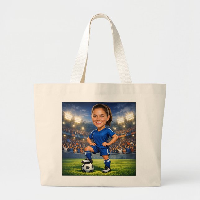 Bolsa Tote Grande Custom Photo-Face Soccer/Football Star Caricature  (Frente)