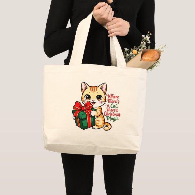 Bolsa Tote Grande Cute Christmas Cat Holiday Gift for Cat Lover (Frente (produto))