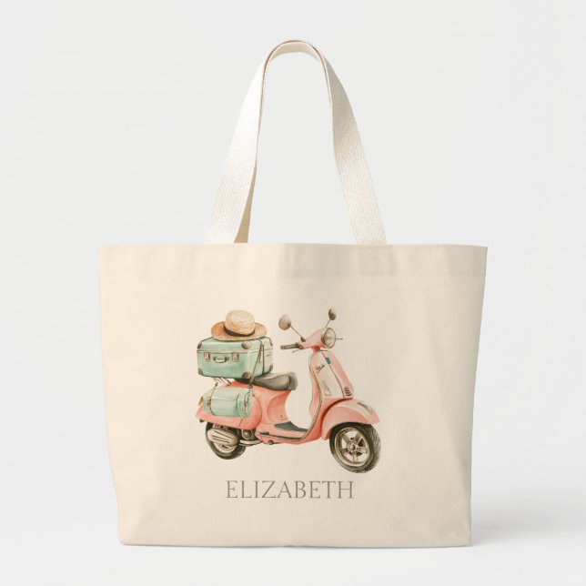 Bolsa Tote Grande Cute Pink and Aqua Coastal Scooter (Frente)