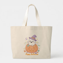 Cute pumpkin ghost happy Halloween tote bag