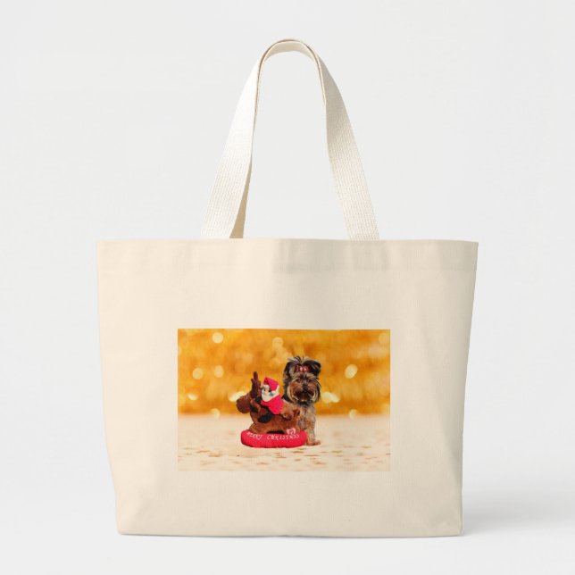Bolsa Tote Grande Cute Yorkshire Terrier Felry Natal (Frente)
