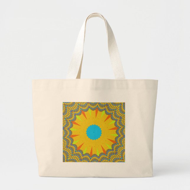 Bolsa Tote Grande Cyan e Dourada Mandala Art Impressão (Frente)