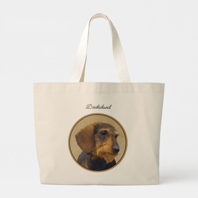 Bolsa Tote Grande Dachshund Painting Black & Tan Dog Art cabelado (Verso)