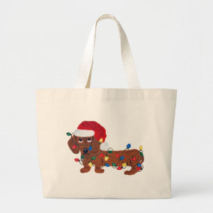 Bolsa Tote Grande Dachshund Tangled nas luzes de Natal (vermelhas)