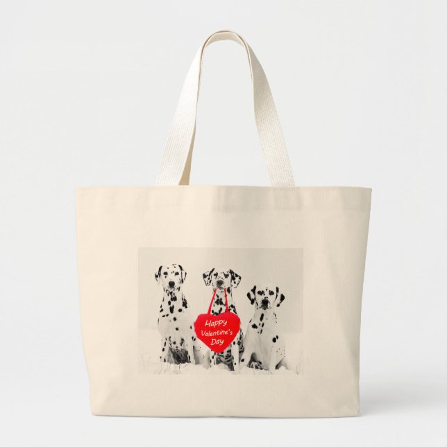 Bolsa Tote Grande Dalmatianos Dog Heart Feliz dia de os namorados (Frente)