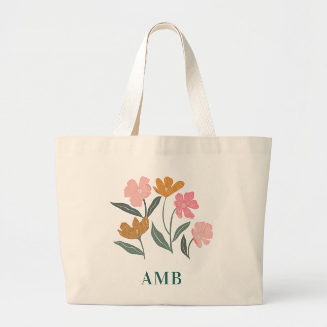 Bolsa Tote Grande Damas de Honra com Floral Ilustrado Botânico e Mon (Frente)