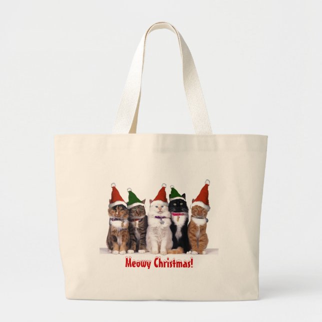 Bolsa Tote Grande De "gatos do Natal Meowy " (Frente)