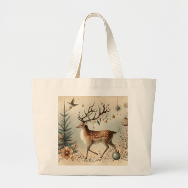 Bolsa Tote Grande Deer Buck Forest Scene Tote de Natal (Frente)