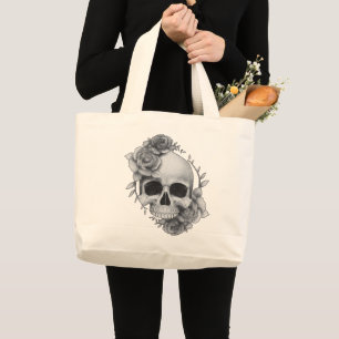 Bolsa Tote Grande Desenho de Caveira e Rosas