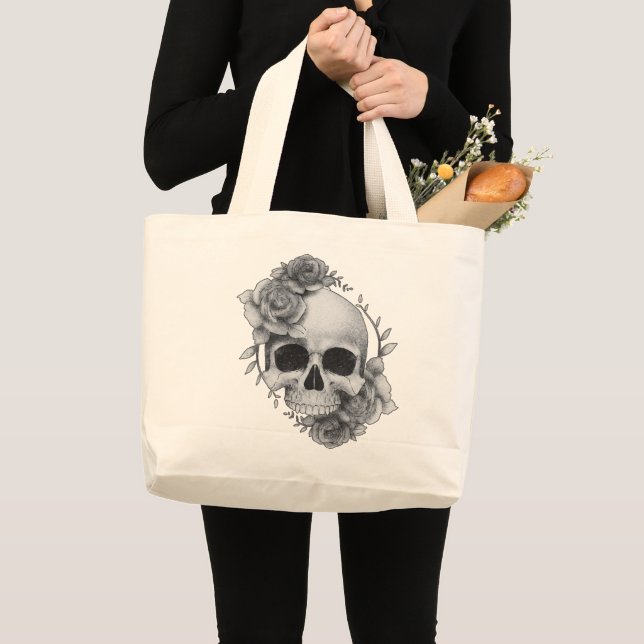 Bolsa Tote Grande Desenho de Caveira e Rosas (Frente (produto))