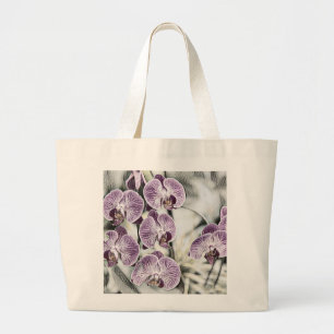 Bolsa Tote Grande Desenho de flores de orquídeas cor-de-rosa roxas f