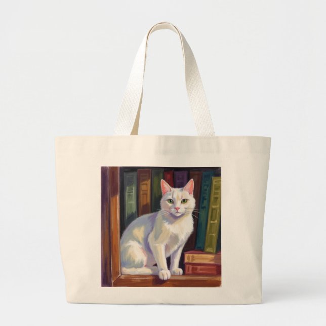 Bolsa Tote Grande Desenho de Gato Branco (Frente)