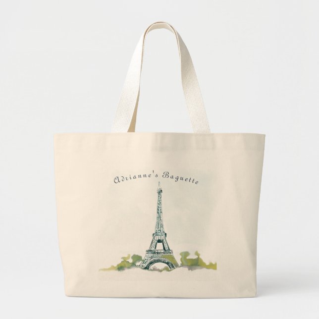 Bolsa Tote Grande Desenho De Tinta Da Torre Eiffel Paris Com Seu Nom (Frente)
