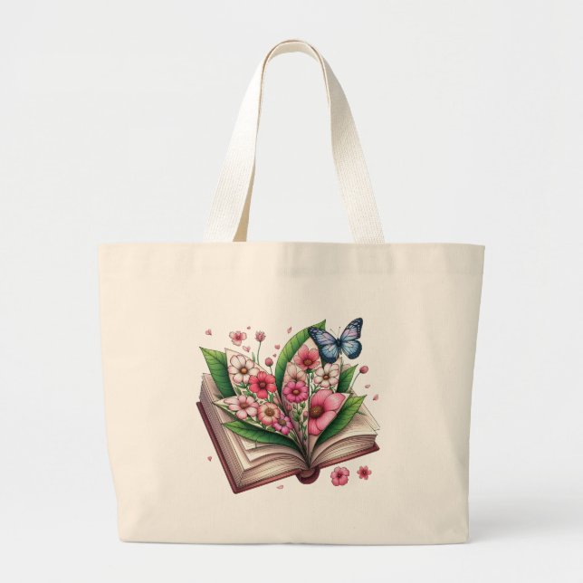Bolsa Tote Grande Desenho de um livro aberto com flor (Frente)