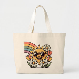 Bolsa Tote Grande Desenho Floral Vintage Arco-Íris Sol Sorridente Re