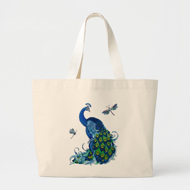 Bolsa Tote Grande Design Clássico de Peacock e Dragonfly (Frente)