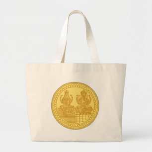 BOLSA TOTE GRANDE DESIGN DA MOEDA DOURADO DE LAKSHMI E DE GANESH