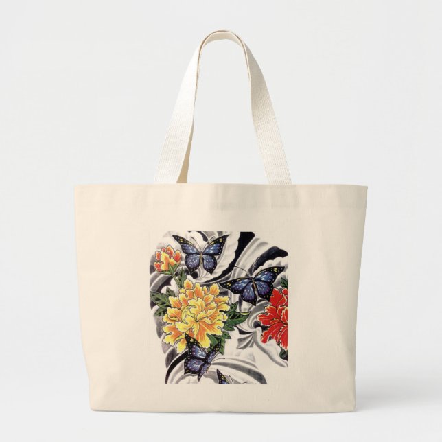 Bolsa Tote Grande Design de Peony Amarelo e de Tatuagem de Borboleta (Frente)