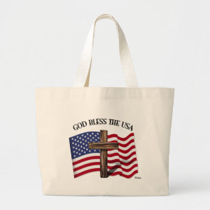 Bolsa Tote Grande DEUS ABENÇOE OS EUA com cruz robusta e bandeira do