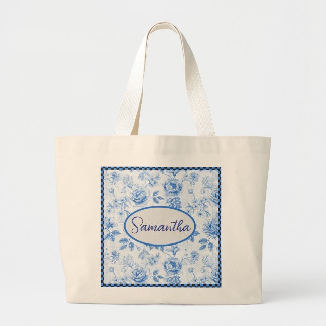 Bolsa Tote Grande dia de as mães Floral 💙 Personalizado Chinoiserie (Frente)