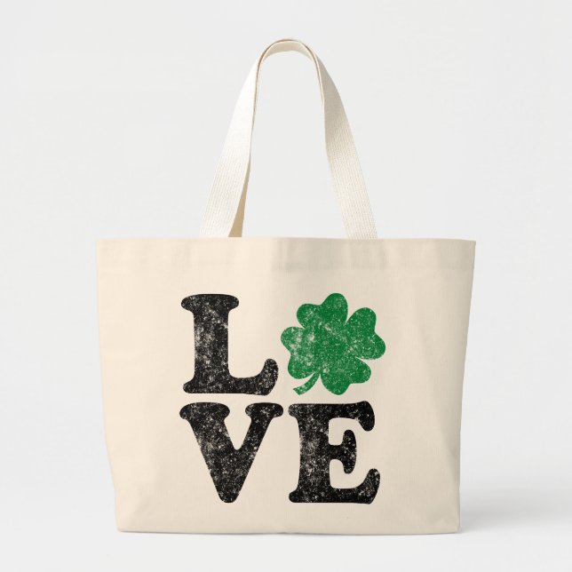 Bolsa Tote Grande Dia de São Patrício LOVE Shamrock Irish (Frente)