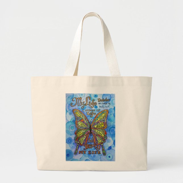 Bolsa Tote Grande Diabetes Consciência Arco-Íris Borboleta Sacos de  (Frente)