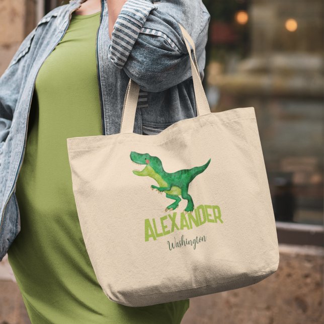 Bolsa Tote Grande Dinossauro Aquarela com Nome para Crianças (Criador carregado)