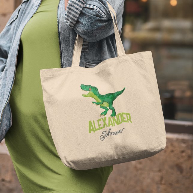 Bolsa Tote Grande Dinossauro Aquarela com Nome para Crianças (Criador carregado)